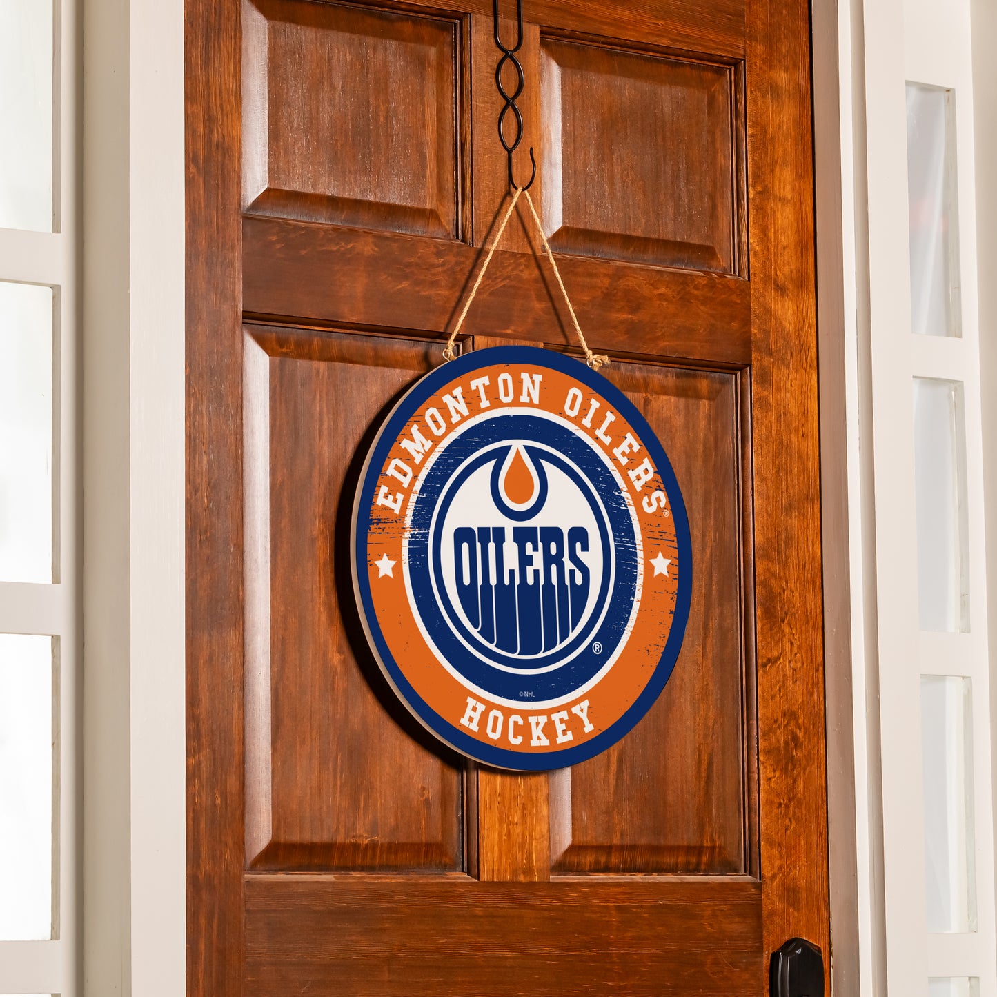 NHL Round Door Décor with Hanging Rope, 18x18 Oilers