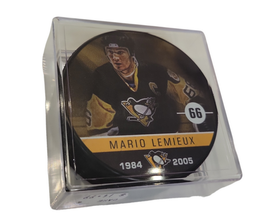 NHL Alumni Player Puck Mario Lemieux Penguins in Display Case
