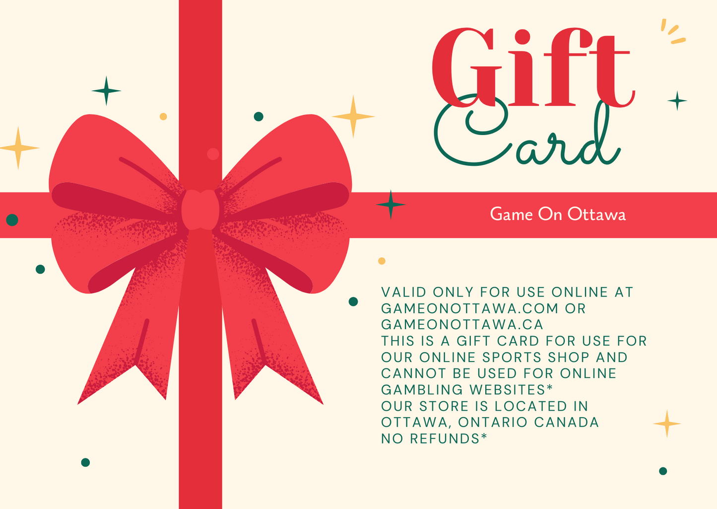 Game On! Ottawa Gift Card (IS NOT A GIFT CARD TO BE USED FOR ONLINE GAMBLING!)