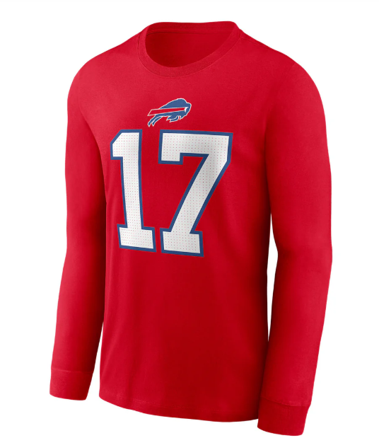NFL Player Long Sleeve Shirt Name And Number Josh Allen Bills (Red)