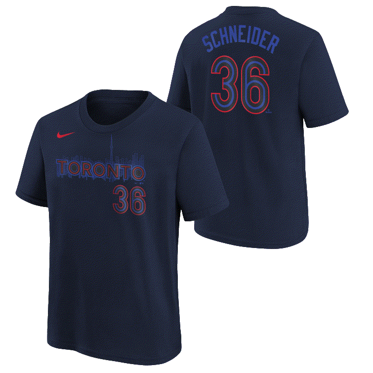 MLB Youth Player T-Shirt Name And Number City Connect Davis Schneider Jr. Blue Jays