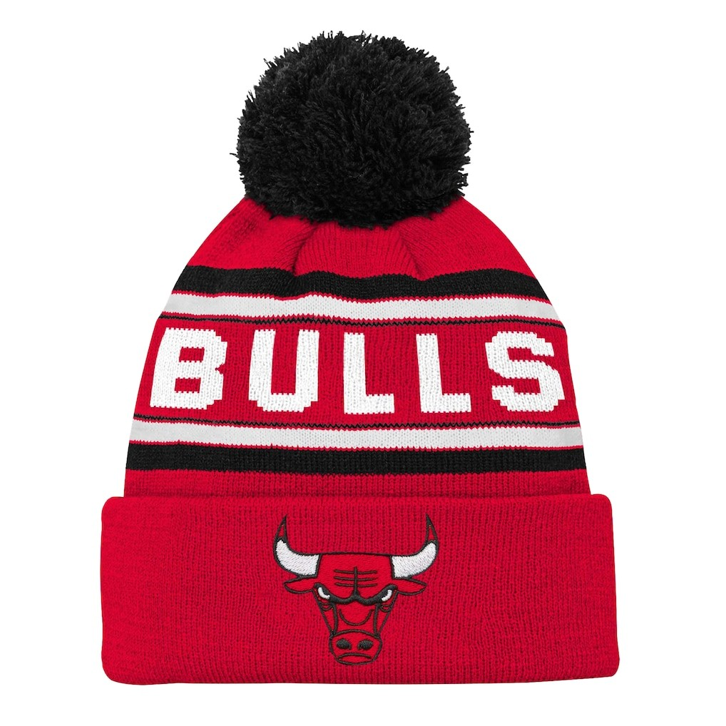 NBA Youth Knit Hat Red Backboard Jacquard Cuffed with Pom Bulls