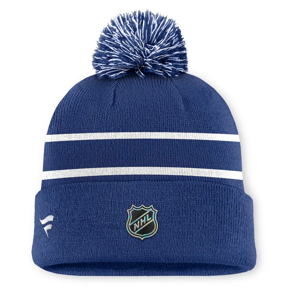 NHL Knit Hat Pom Authentic Pro Dual Stripe Rink Road 2025 Maple Leafs