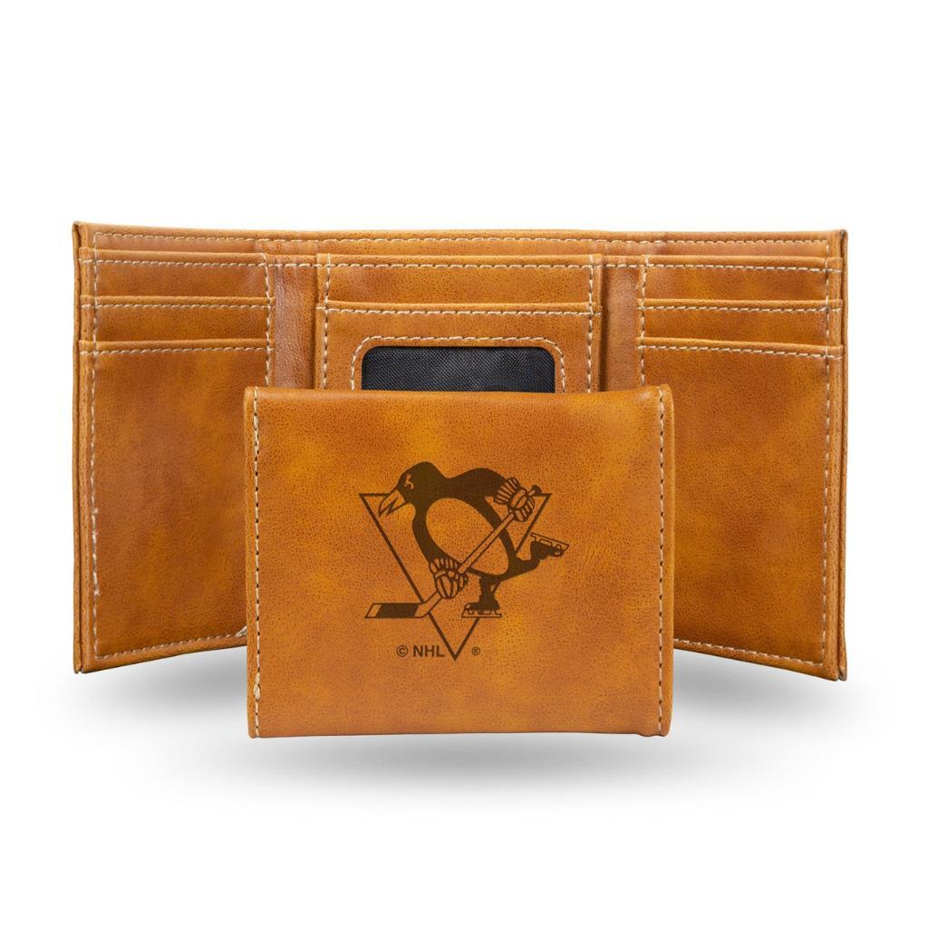 NHL Wallet Leather Laser Engraved Tri-Fold Penguins (Brown)