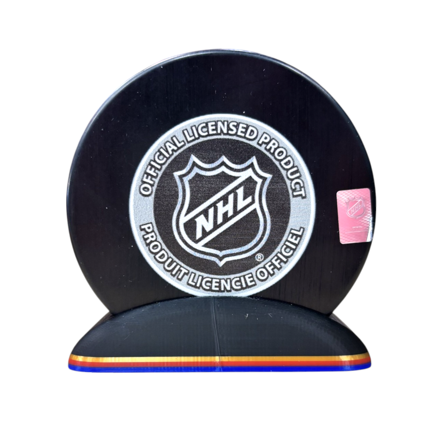 Puck Display Stand Gold, Red & Blue