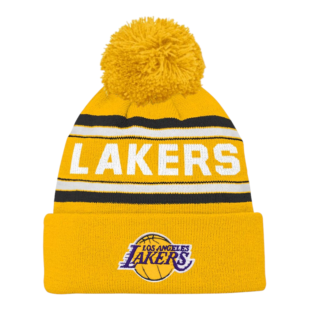 NBA Youth Knit Hat Gold Backboard Jacquard Cuffed with Pom Lakers