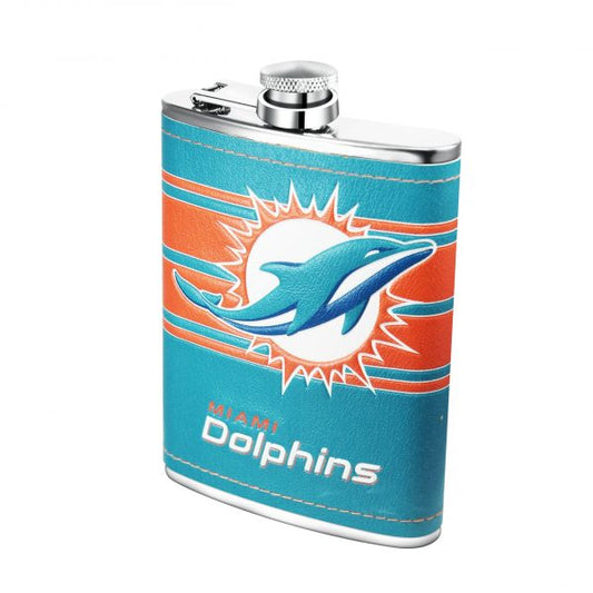 NFL 8 oz SS Flask + Funnel Set PU Wrap With Embossed Logo Dolphins