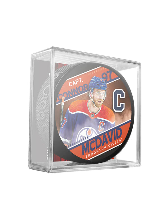 NHL Souvenir Player Puck In Cube Captain Series Connor McDavid Oilers