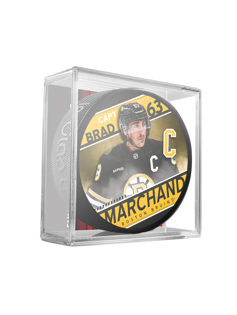 NHL Souvenir Player Puck In Cube Captain Series Brad Marchand Bruins