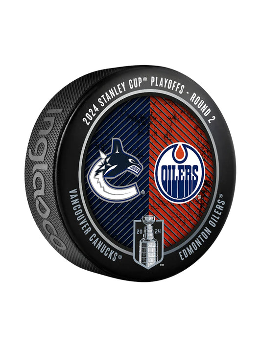 NHL Souvenir Collector Puck 2024 Round 2 Playoffs Match-Up Canucks vs Oilers