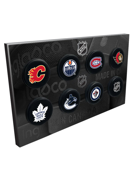 NHL Mini Hockey Puck Tabletop Display 7 Canadian Teams + NHL Shield