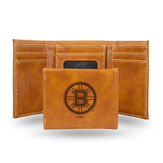 NHL Wallet Leather Laser Engraved Tri-Fold Bruins (Brown)