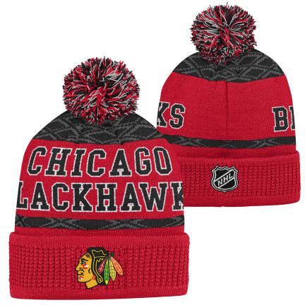 NHL Youth Knit Hat Puck Pattern Cuff Blackhawks
