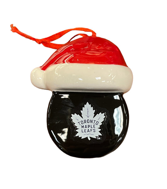 NHL Ornament Glass Puck w/ Santa Hat Maple Leafs