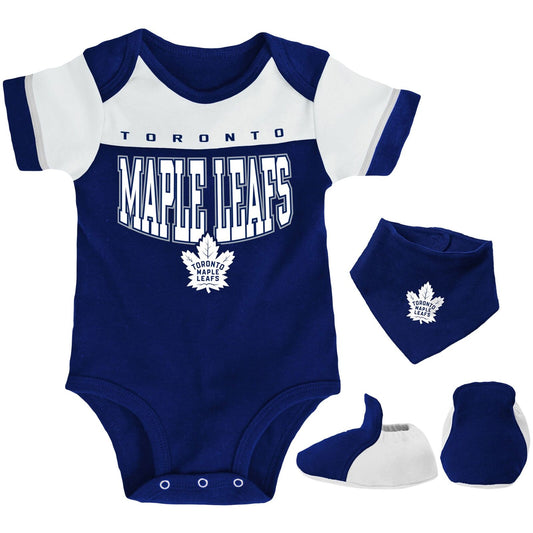 NHL Infant 3PC Onesie & Bib & Bootie Set Puck Happy Maple Leafs