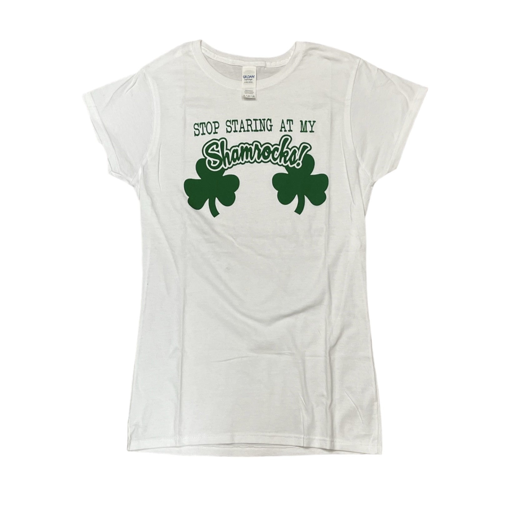 St. Patrick's Day Ladies T-Shirt "Stop Staring At My Shamrocks!" (White)