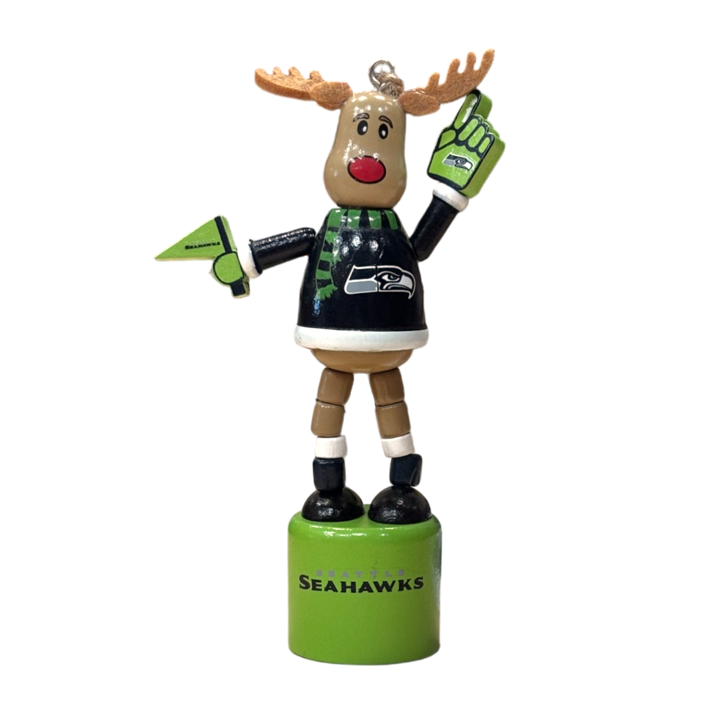 NFL Ornament Wooden Push Puppet Reindeer Seahawks
