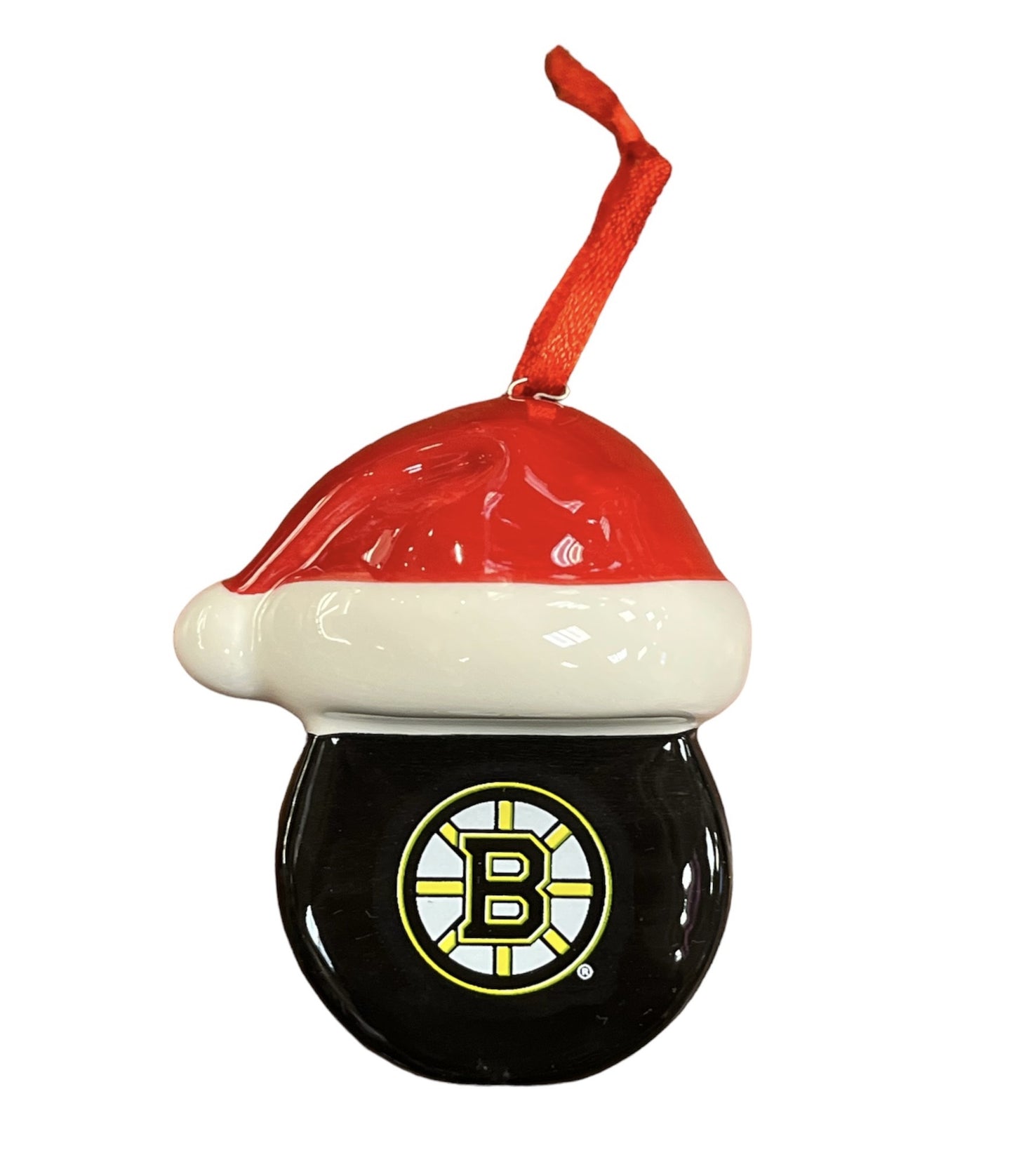 NHL Ornament Glass Puck w/ Santa Hat Bruins