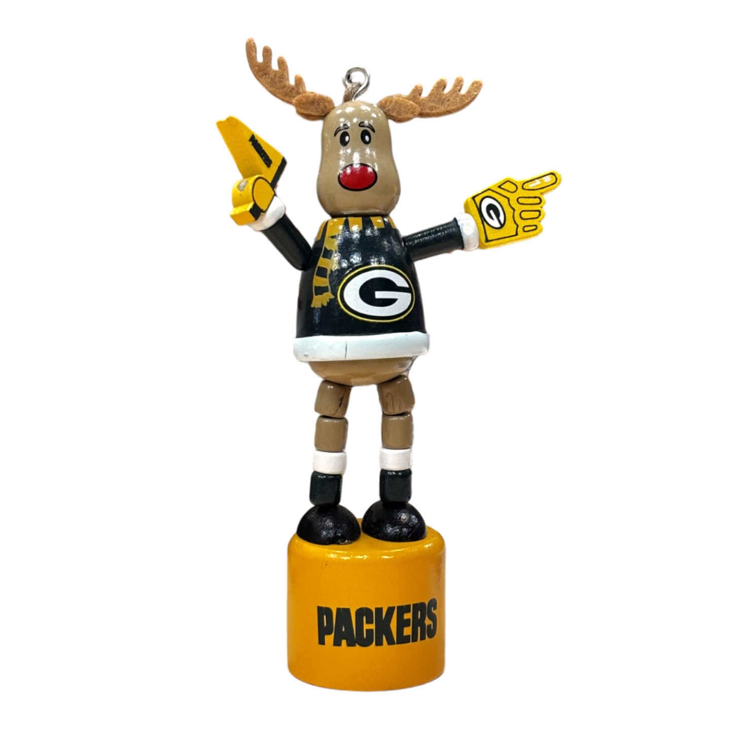 NFL Ornament Wooden Push Puppet Reindeer Packers