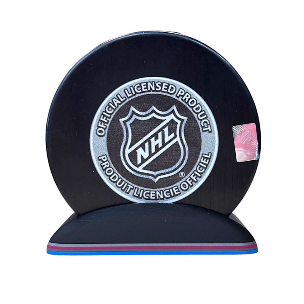 Puck Display Stand Silver, Magenta and Blue