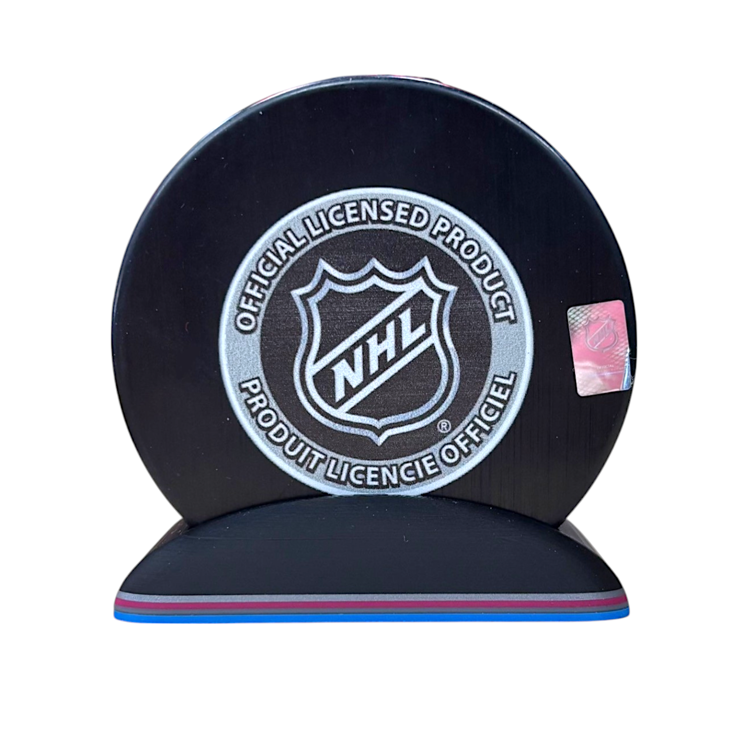 Puck Display Stand Silver, Magenta and Blue