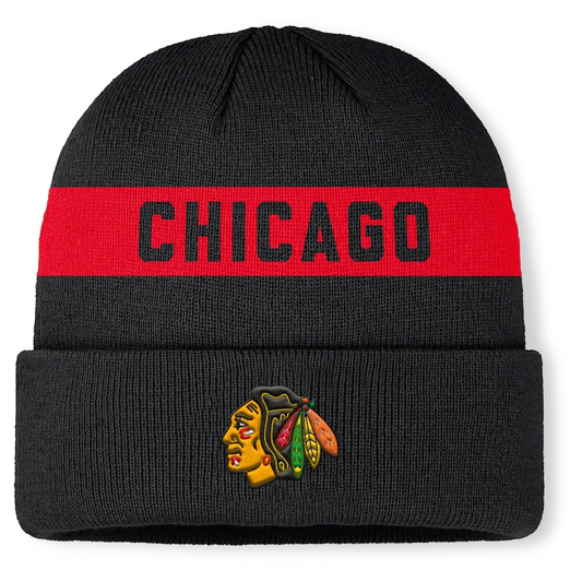 NHL Knit Hat Authentic Pro Cuffed Stripe Beanie Rink Road 2025 Blackhawks