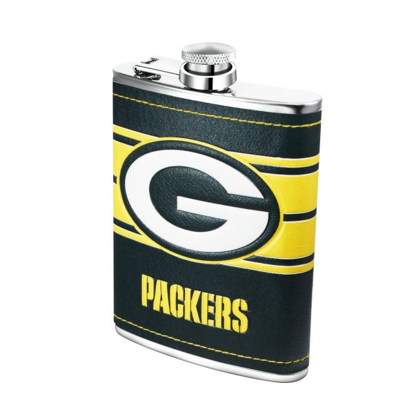 NFL 8 oz SS Flask + Funnel Set PU Wrap With Embossed Logo Packers