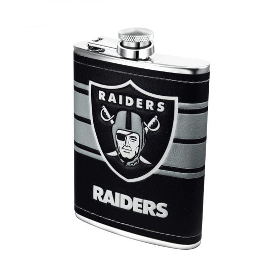 NFL 8 oz SS Flask + Funnel Set PU Wrap With Embossed Logo Raiders