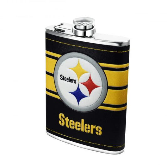 NFL 8 oz SS Flask + Funnel Set PU Wrap With Embossed Logo Steelers